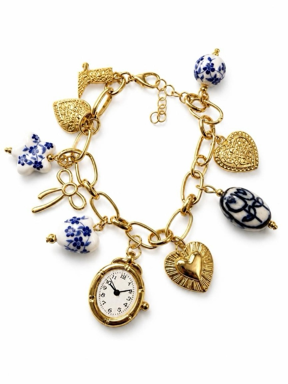 Gold Charm Bracelet with Blue and White Porcelain Beads Faux Watch Face
